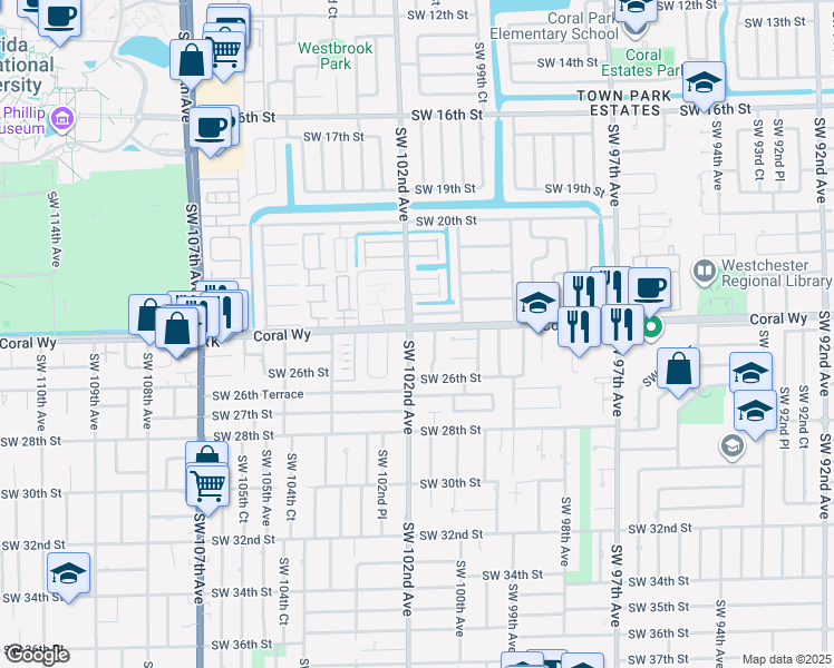 map of restaurants, bars, coffee shops, grocery stores, and more near 10115 Southwest 23rd Terrace in Miami