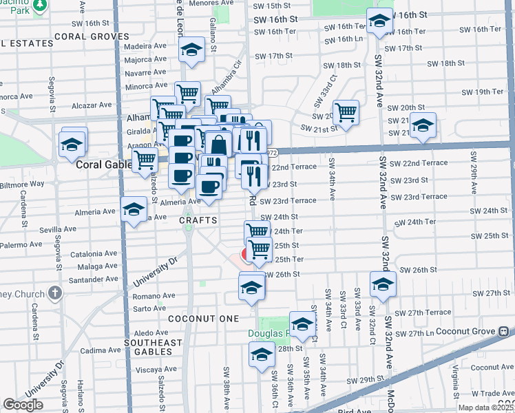 map of restaurants, bars, coffee shops, grocery stores, and more near 2335 Douglas Road in Miami