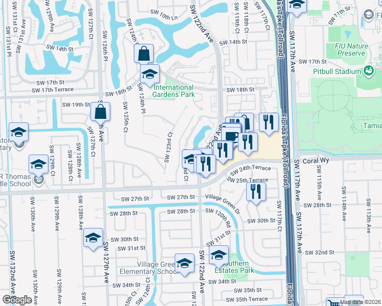 map of restaurants, bars, coffee shops, grocery stores, and more near 2311 Southwest 122nd Court in Miami