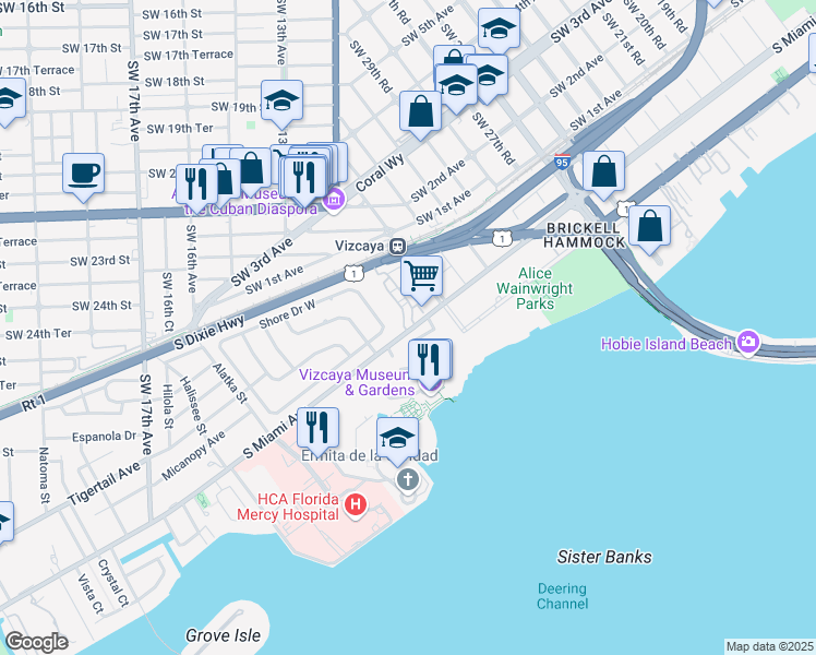 map of restaurants, bars, coffee shops, grocery stores, and more near 3280 South Miami Avenue in Miami