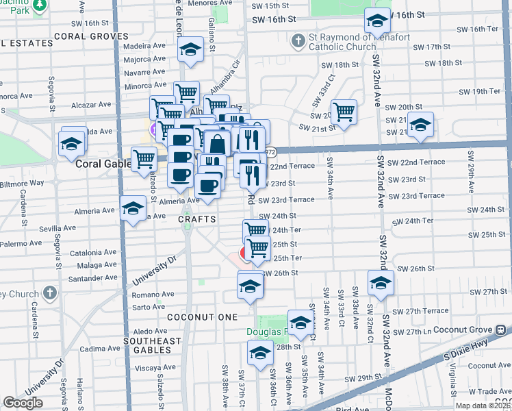 map of restaurants, bars, coffee shops, grocery stores, and more near 2335 Douglas Road in Miami