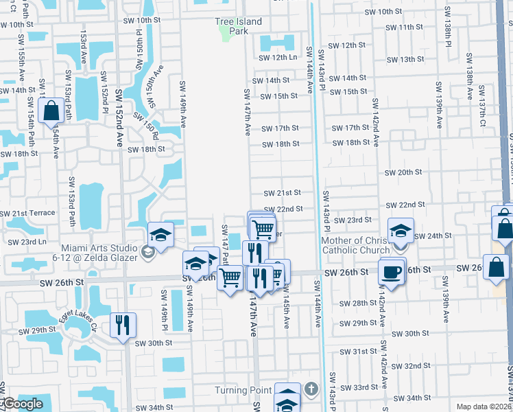 map of restaurants, bars, coffee shops, grocery stores, and more near 14611 Southwest 21st Street in Miami