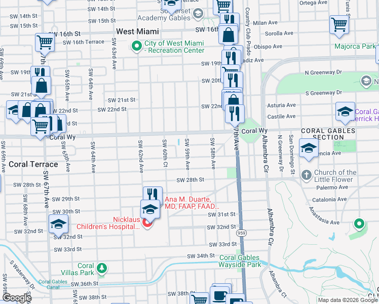 map of restaurants, bars, coffee shops, grocery stores, and more near 2480 Southwest 59th Avenue in Miami
