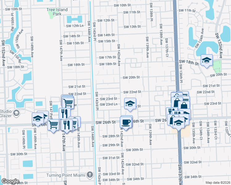 map of restaurants, bars, coffee shops, grocery stores, and more near 14231 Southwest 21st Terrace in Miami