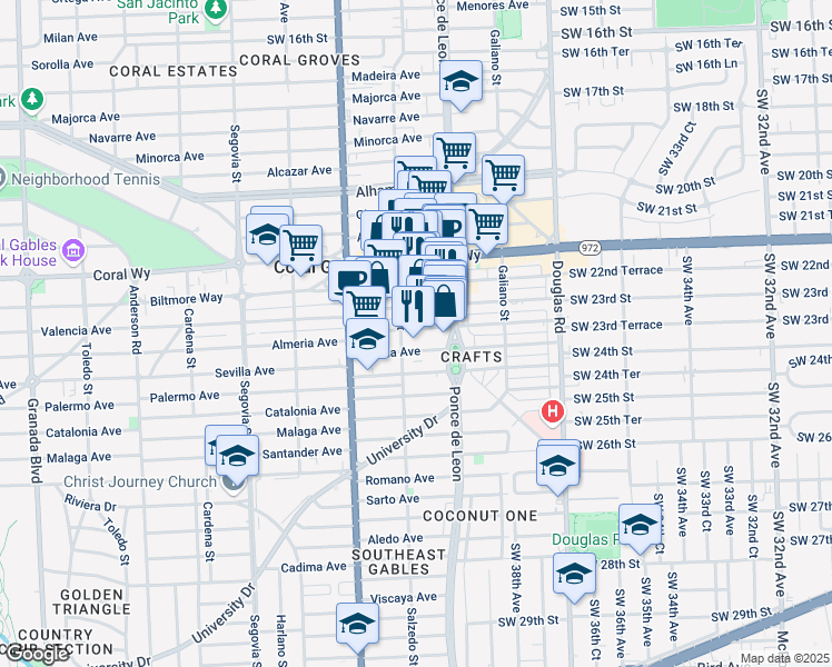 map of restaurants, bars, coffee shops, grocery stores, and more near 290 Valencia Avenue in Coral Gables