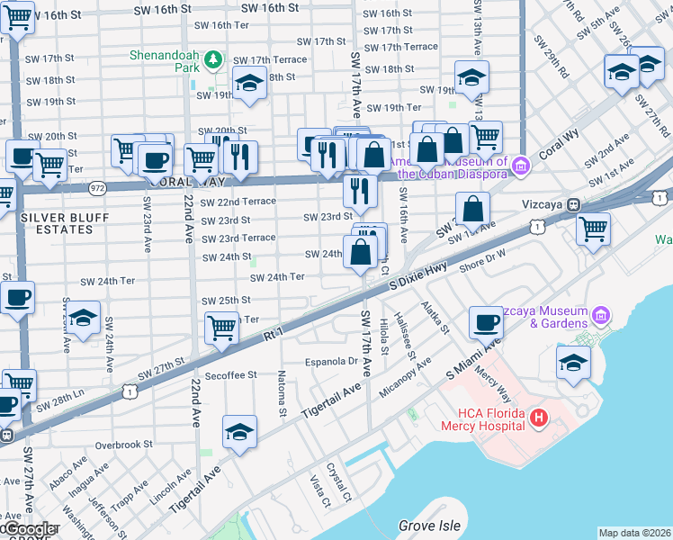 map of restaurants, bars, coffee shops, grocery stores, and more near 1748 Southwest 24th Street in Miami