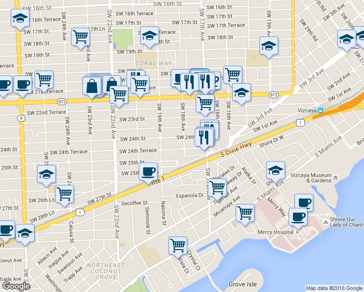 map of restaurants, bars, coffee shops, grocery stores, and more near 1828 Southwest 24th Street in Miami