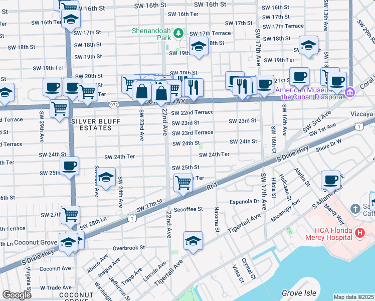 map of restaurants, bars, coffee shops, grocery stores, and more near 2021 Southwest 24th Street in Miami