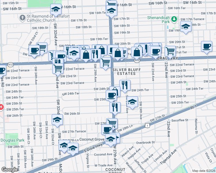 map of restaurants, bars, coffee shops, grocery stores, and more near 2792 Southwest 23rd Terrace in Miami