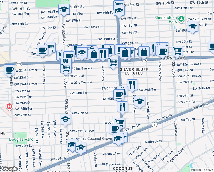 map of restaurants, bars, coffee shops, grocery stores, and more near 2792 Southwest 23rd Terrace in Miami