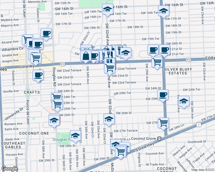 map of restaurants, bars, coffee shops, grocery stores, and more near 3219 Southwest 23rd Terrace in Miami