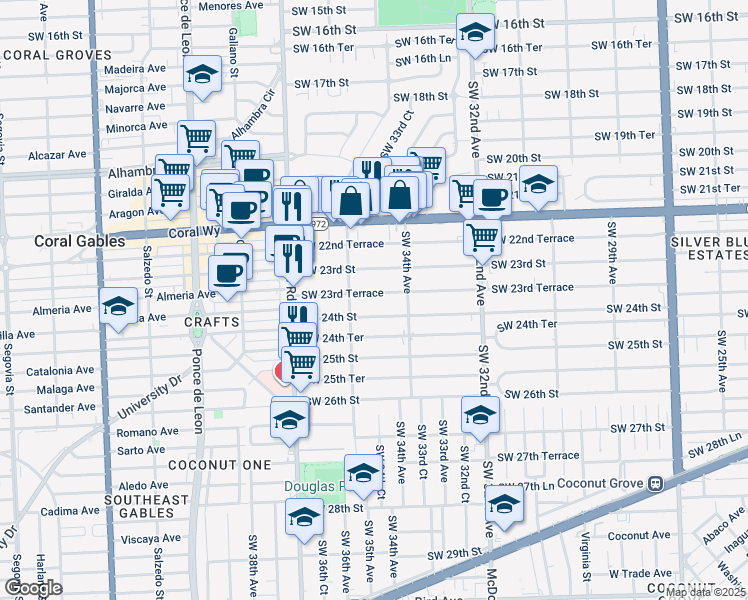 map of restaurants, bars, coffee shops, grocery stores, and more near 3541 Southwest 23rd Terrace in Miami