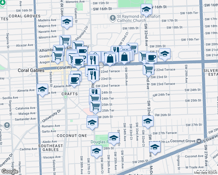 map of restaurants, bars, coffee shops, grocery stores, and more near 3541 Southwest 23rd Terrace in Miami