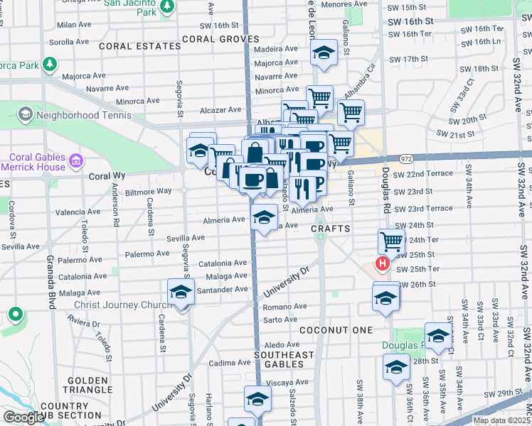 map of restaurants, bars, coffee shops, grocery stores, and more near 2655 South Le Jeune Road in Coral Gables