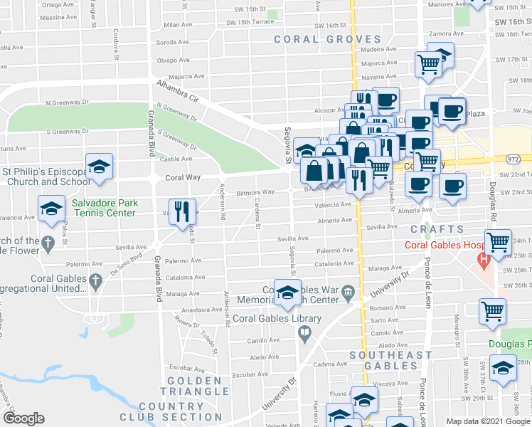 map of restaurants, bars, coffee shops, grocery stores, and more near 600 Biltmore Way in Coral Gables