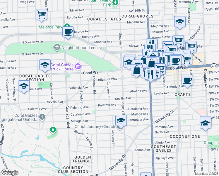 map of restaurants, bars, coffee shops, grocery stores, and more near 600 Biltmore Way in Coral Gables