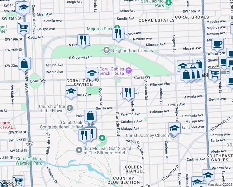 map of restaurants, bars, coffee shops, grocery stores, and more near 2500 Granada Boulevard in Coral Gables