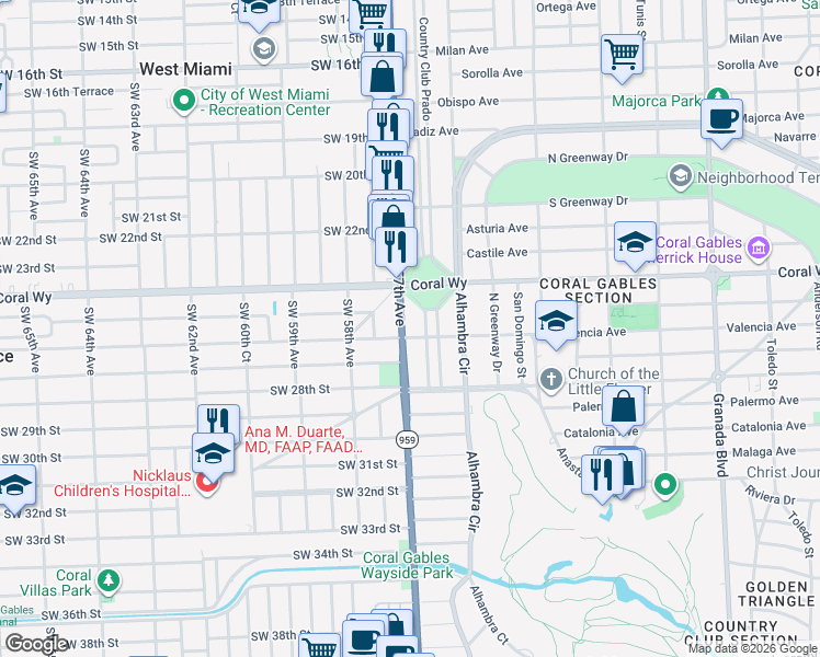 map of restaurants, bars, coffee shops, grocery stores, and more near 2412 Red Road in Miami