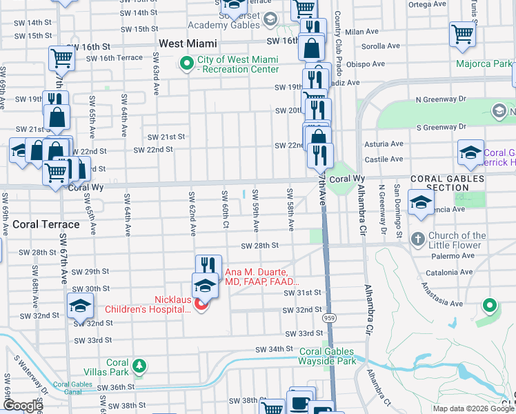 map of restaurants, bars, coffee shops, grocery stores, and more near 2480 Southwest 59th Avenue in Miami
