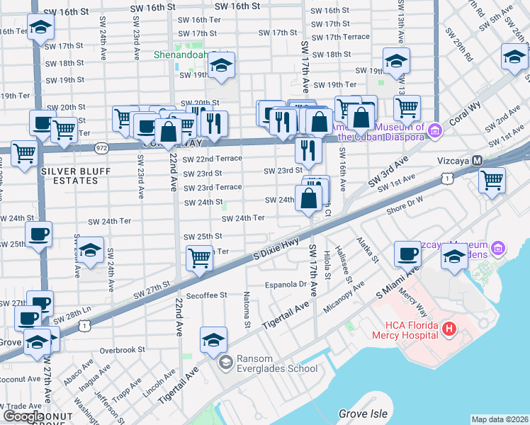 map of restaurants, bars, coffee shops, grocery stores, and more near 1828 Southwest 24th Street in Miami
