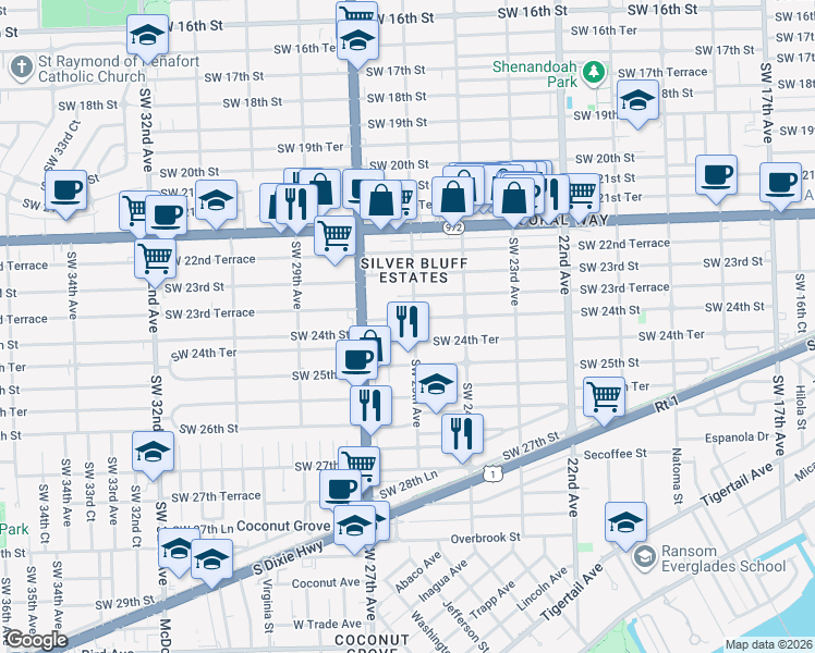 map of restaurants, bars, coffee shops, grocery stores, and more near 2521 Southwest 24th Street in Miami