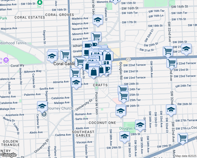 map of restaurants, bars, coffee shops, grocery stores, and more near 141 Almeria Avenue in Coral Gables