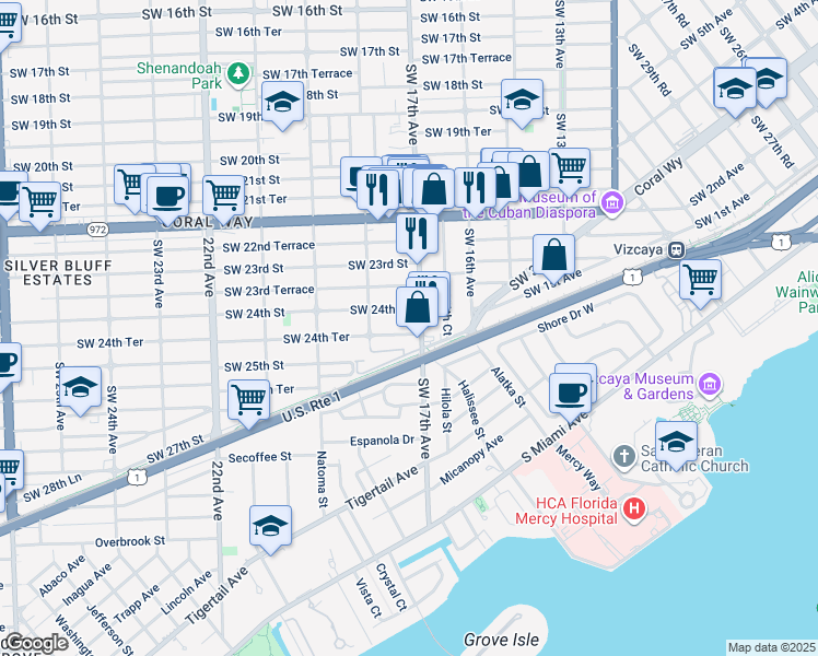 map of restaurants, bars, coffee shops, grocery stores, and more near 1748 Southwest 24th Street in Miami