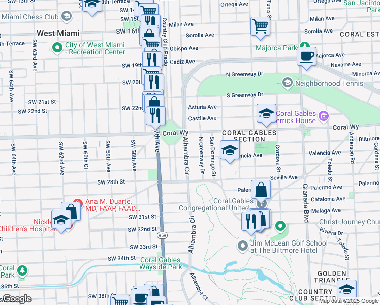 map of restaurants, bars, coffee shops, grocery stores, and more near 2515 Alhambra Circle in Coral Gables
