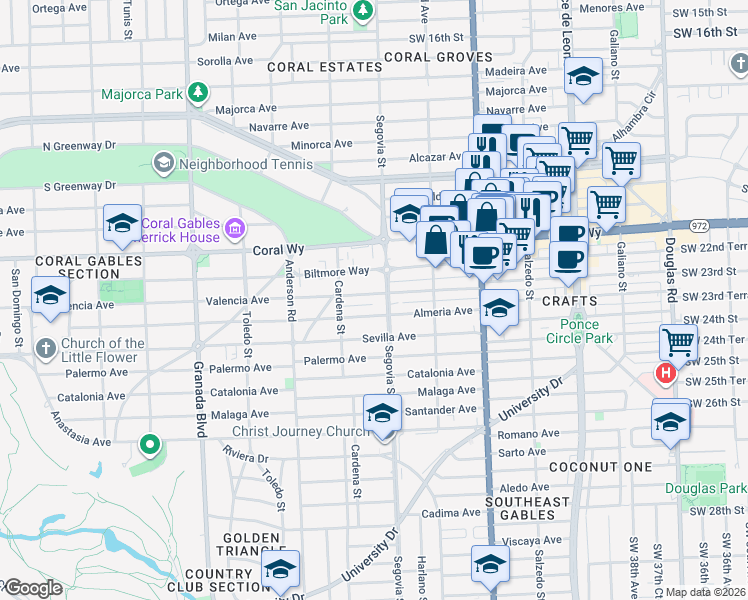 map of restaurants, bars, coffee shops, grocery stores, and more near 2525 Segovia Street in Coral Gables