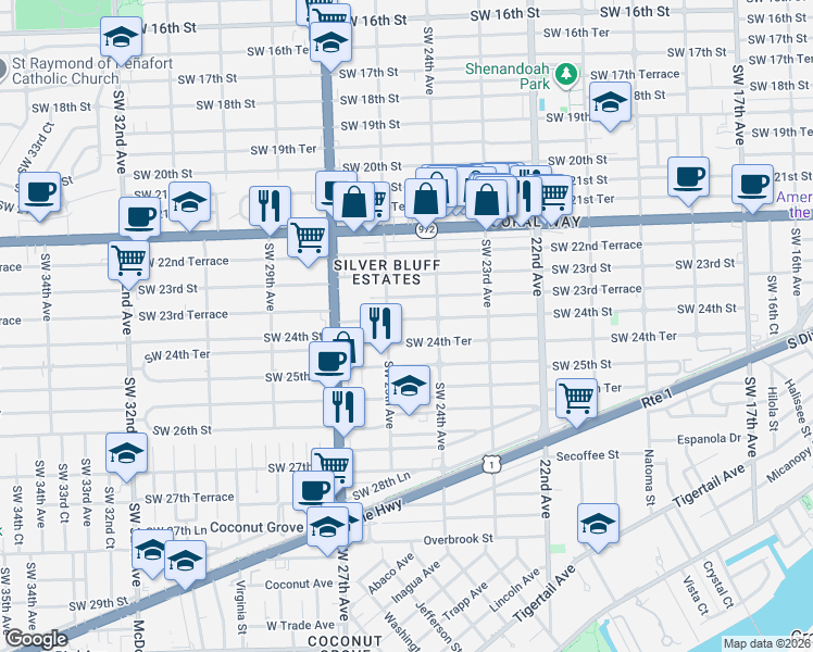 map of restaurants, bars, coffee shops, grocery stores, and more near 2441 Southwest 24th Street in Miami