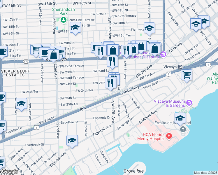 map of restaurants, bars, coffee shops, grocery stores, and more near 1748 Southwest 24th Street in Miami