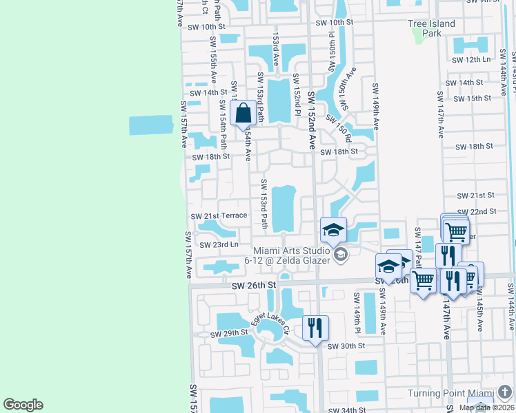 map of restaurants, bars, coffee shops, grocery stores, and more near 2063 Southwest 153rd Path in Miami