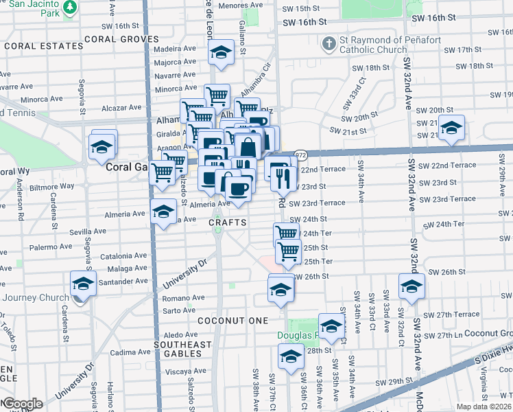 map of restaurants, bars, coffee shops, grocery stores, and more near 65 Almeria Avenue in Coral Gables