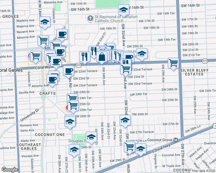 map of restaurants, bars, coffee shops, grocery stores, and more near 3329 Southwest 23rd Terrace in Miami