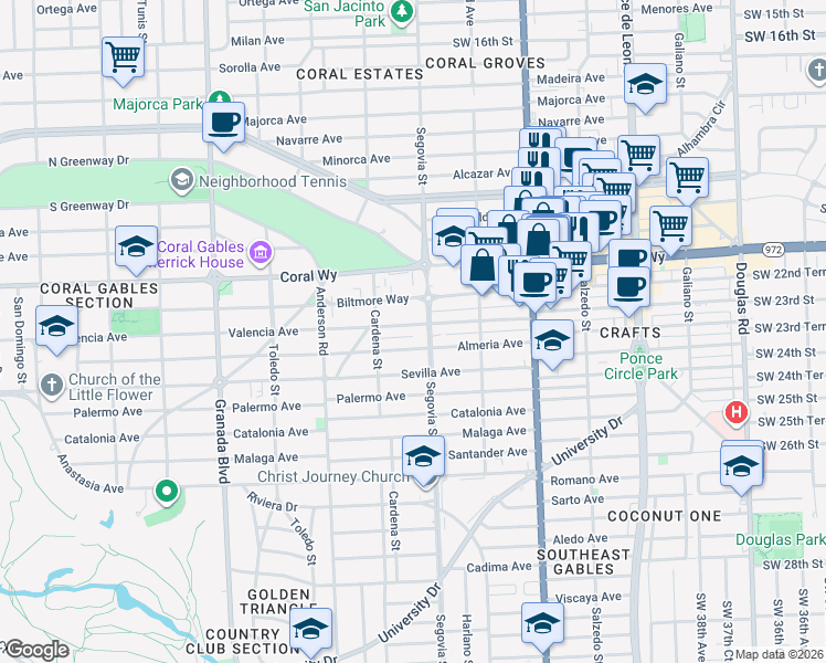 map of restaurants, bars, coffee shops, grocery stores, and more near 600 Biltmore Way in Coral Gables