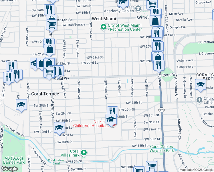 map of restaurants, bars, coffee shops, grocery stores, and more near 6111 SW 25th St in Miami