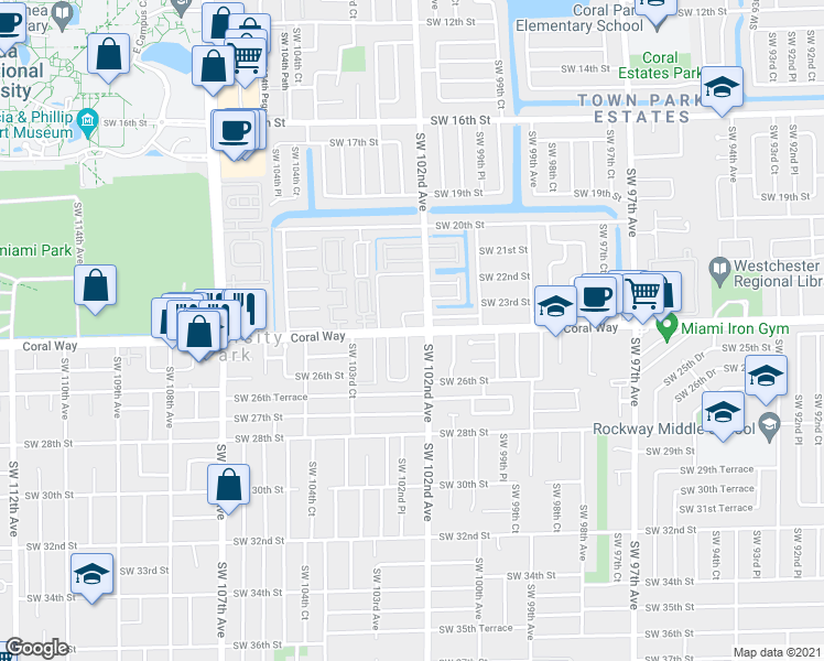 map of restaurants, bars, coffee shops, grocery stores, and more near 10225 Southwest 24th Street in Miami