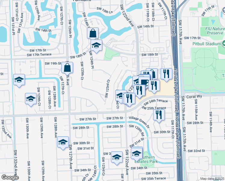 map of restaurants, bars, coffee shops, grocery stores, and more near 2310 Southwest 123rd Avenue in Miami