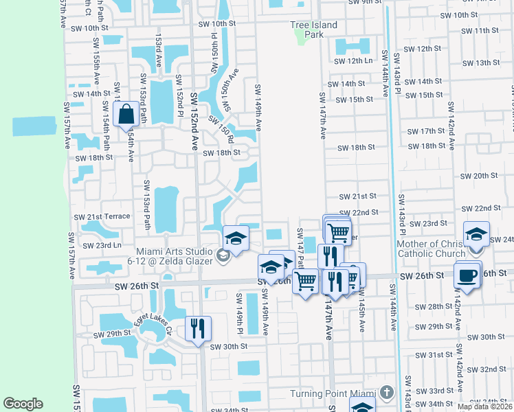 map of restaurants, bars, coffee shops, grocery stores, and more near 14907 Southwest 21st Terrace in Miami