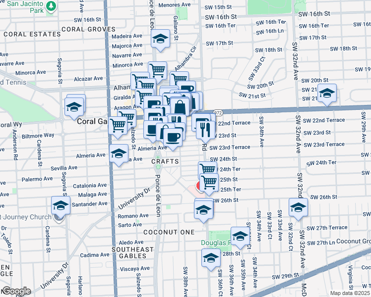 map of restaurants, bars, coffee shops, grocery stores, and more near 40 Almeria Avenue in Coral Gables