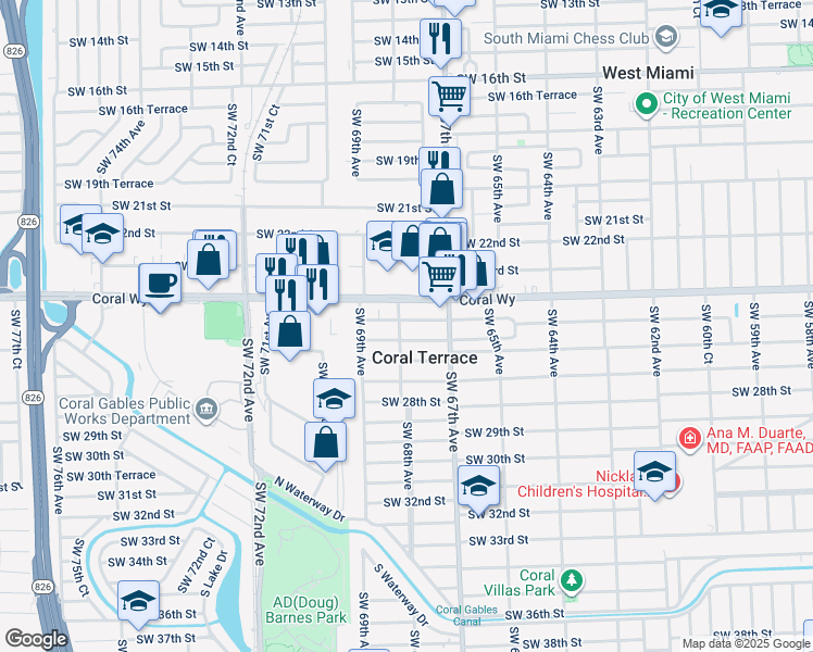 map of restaurants, bars, coffee shops, grocery stores, and more near 2415 Southwest 68th Avenue in Miami