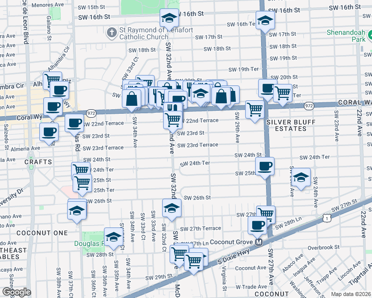 map of restaurants, bars, coffee shops, grocery stores, and more near 3179 Southwest 23rd Terrace in Miami