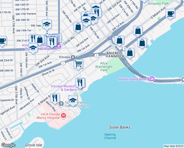 map of restaurants, bars, coffee shops, grocery stores, and more near 4318 Brickell Avenue in Miami