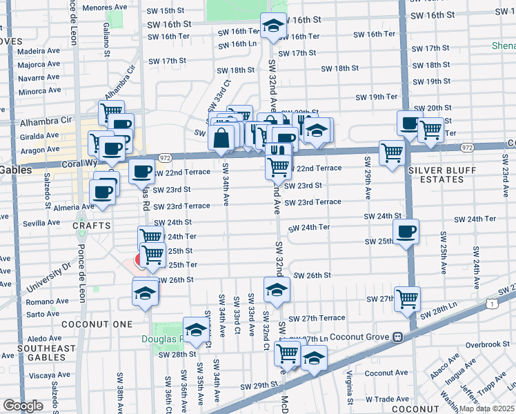 map of restaurants, bars, coffee shops, grocery stores, and more near 3219 Southwest 23rd Terrace in Miami