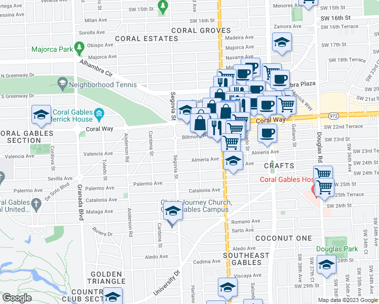 map of restaurants, bars, coffee shops, grocery stores, and more near 520 Valencia Avenue in Coral Gables