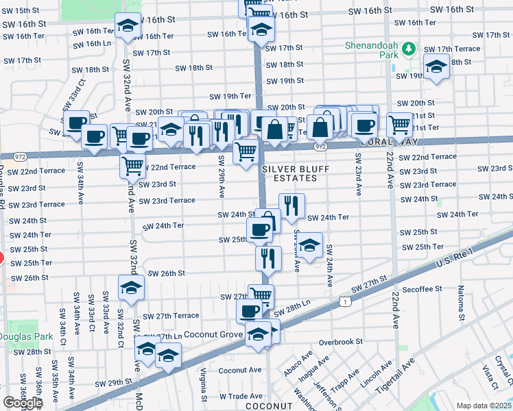map of restaurants, bars, coffee shops, grocery stores, and more near 2371 Southwest 27th Avenue in Miami