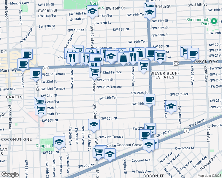 map of restaurants, bars, coffee shops, grocery stores, and more near 3133 Southwest 23rd Terrace in Miami