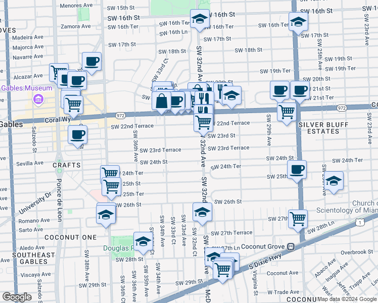 map of restaurants, bars, coffee shops, grocery stores, and more near in Miami