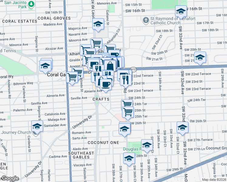 map of restaurants, bars, coffee shops, grocery stores, and more near 65 Almeria Avenue in Coral Gables
