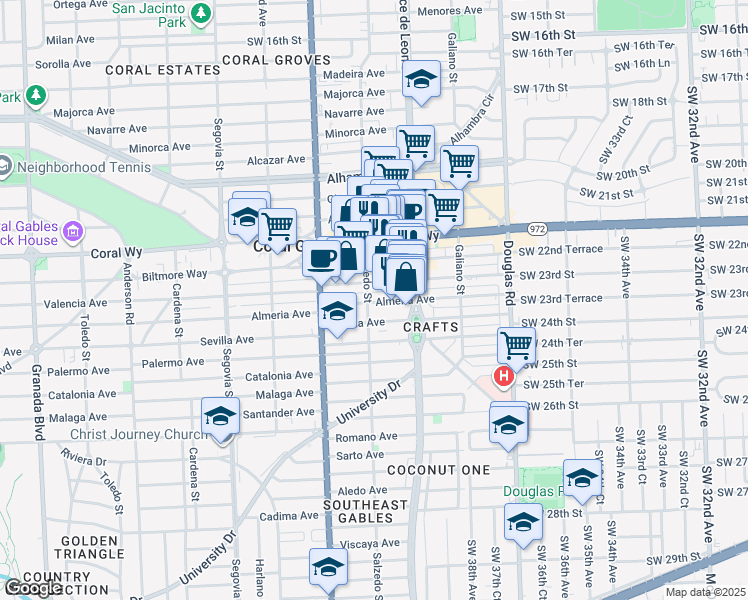 map of restaurants, bars, coffee shops, grocery stores, and more near 290 Valencia Avenue in Coral Gables
